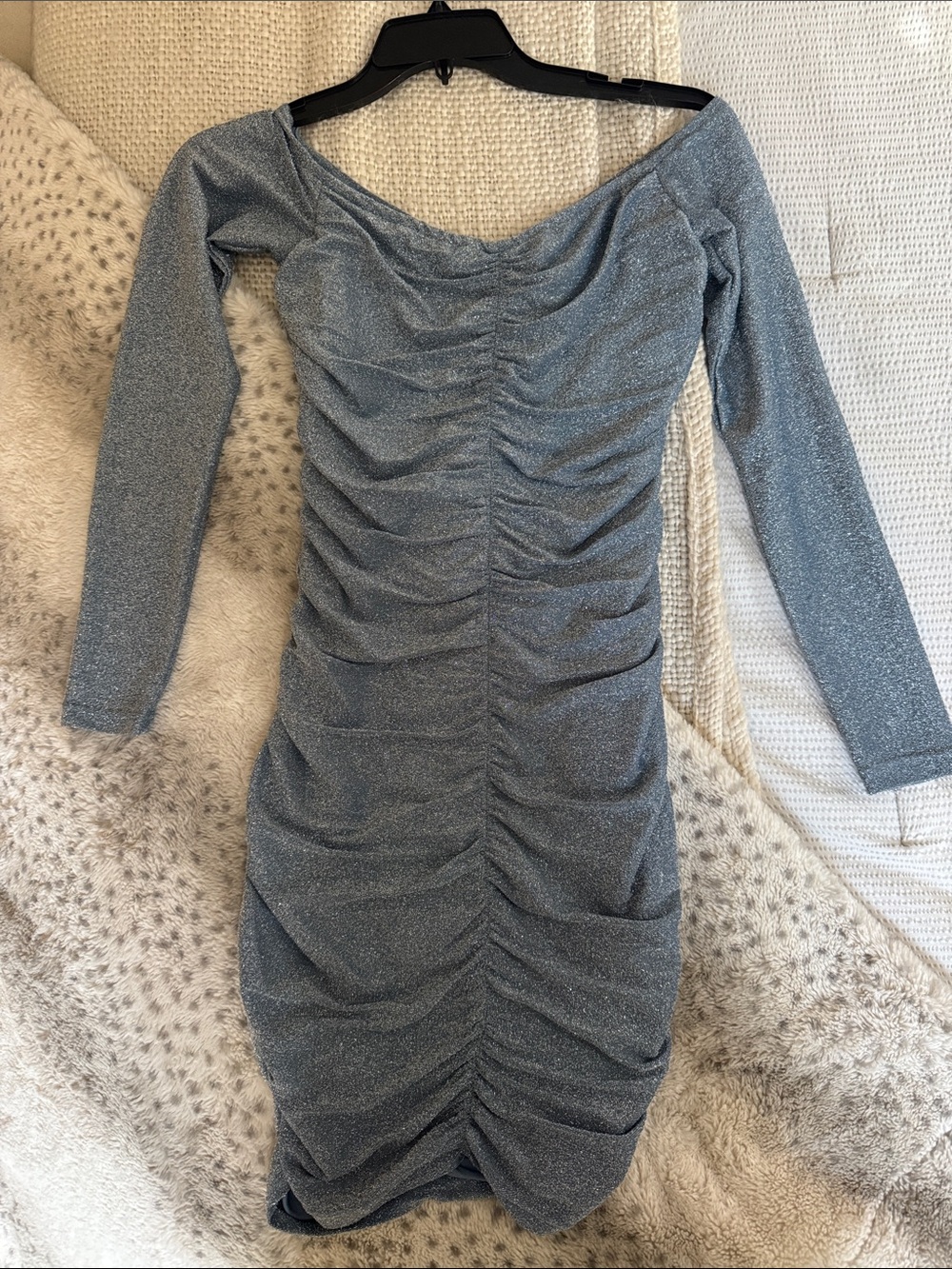 REVOLVE Sparkle Ruched Long-Sleeve Off-Shoulder Dress - Silver/Blue